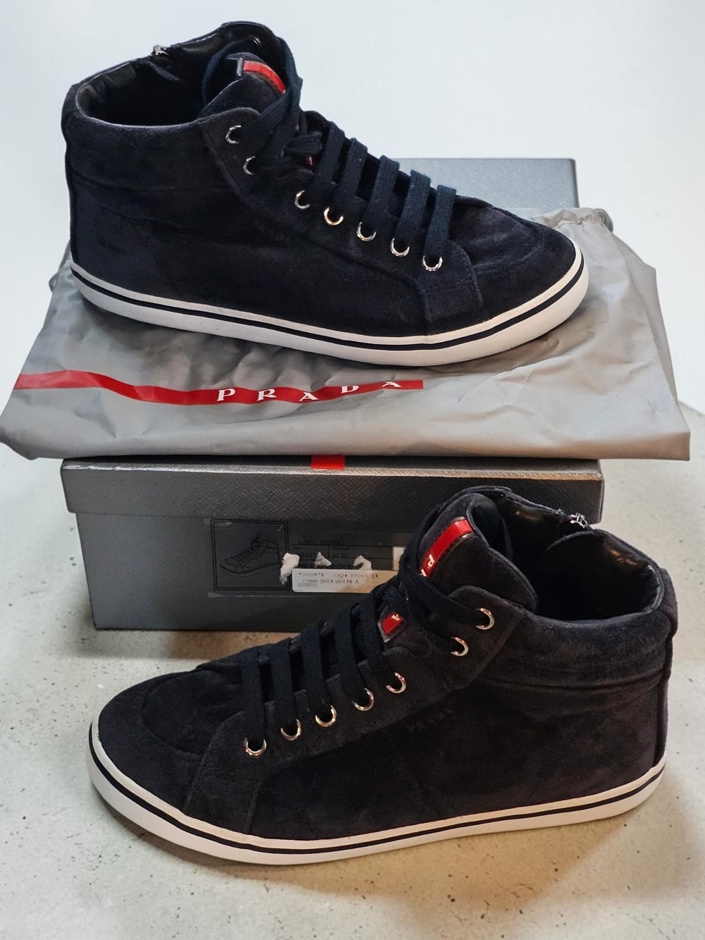 Authentic Prada Women’s Navy Blue Suede High-Top Sneakers, style OT0575, 35